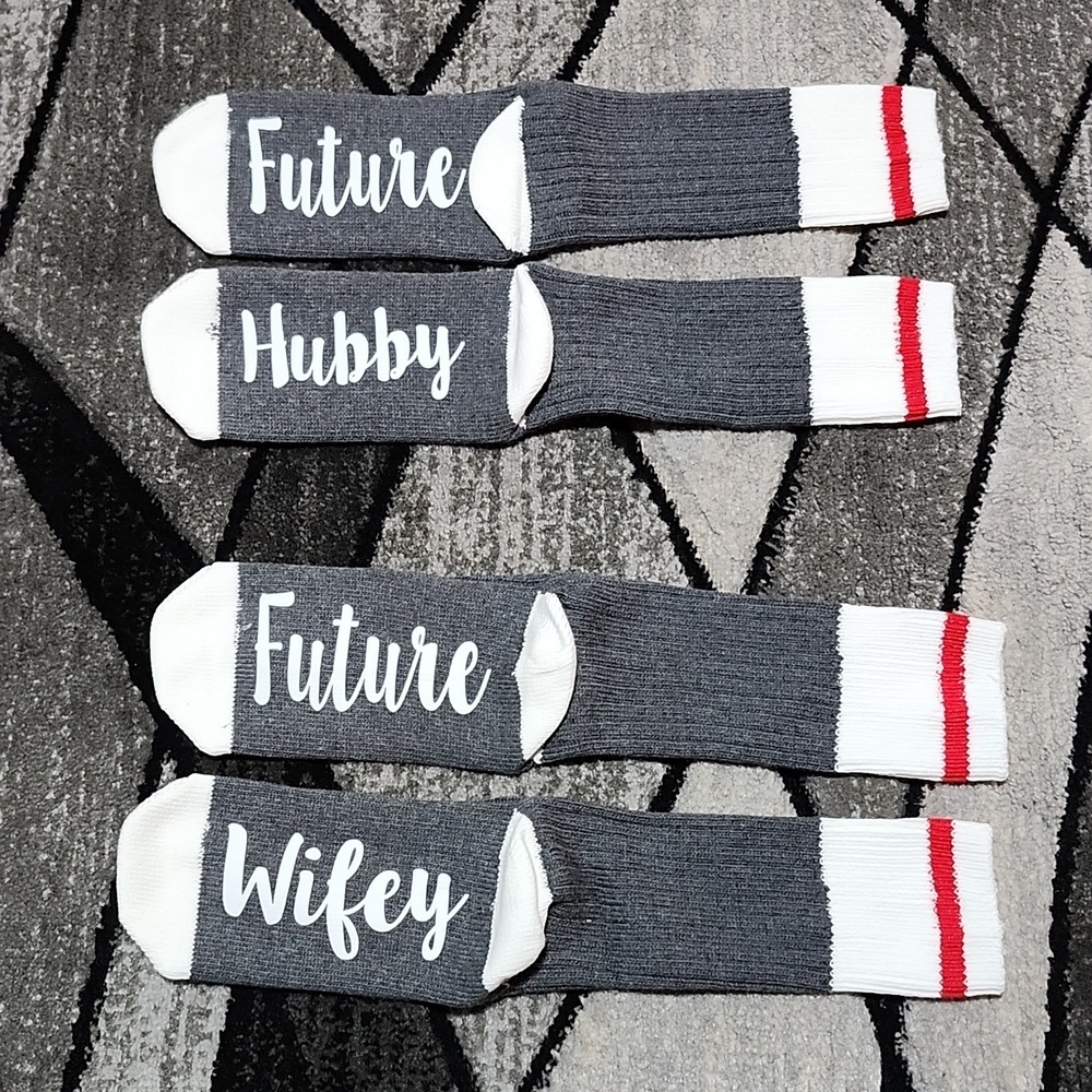 FUTURE WIFEY & FUTURE HUBBY ONE-SIZE GRAY & WHITE NOVELTY CREWSOCKS
